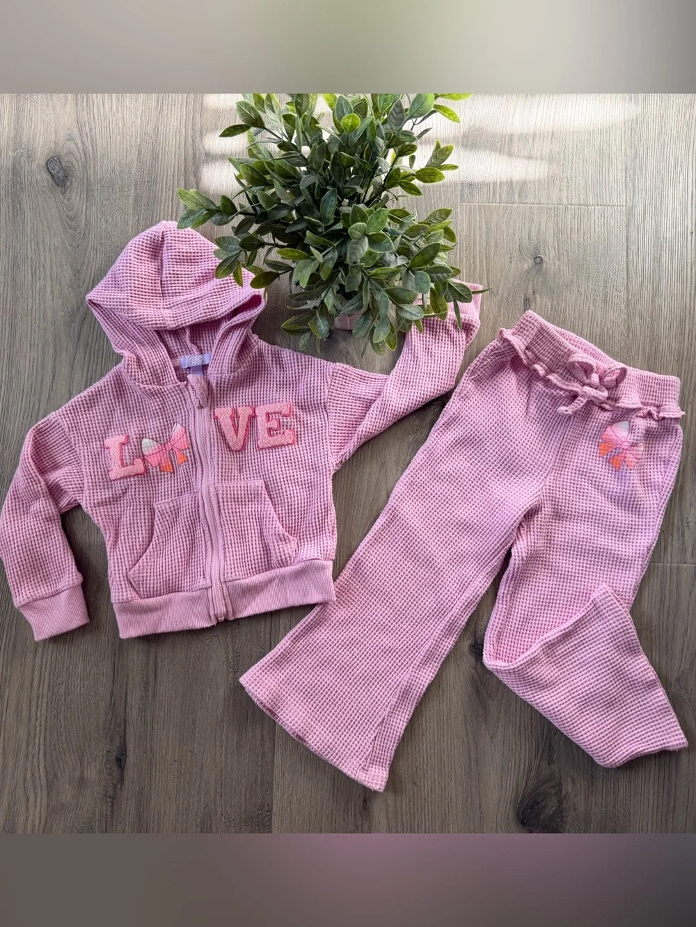 Pink Girls' Waffle Knit Hoodie & Pants Set - Love Embroidery